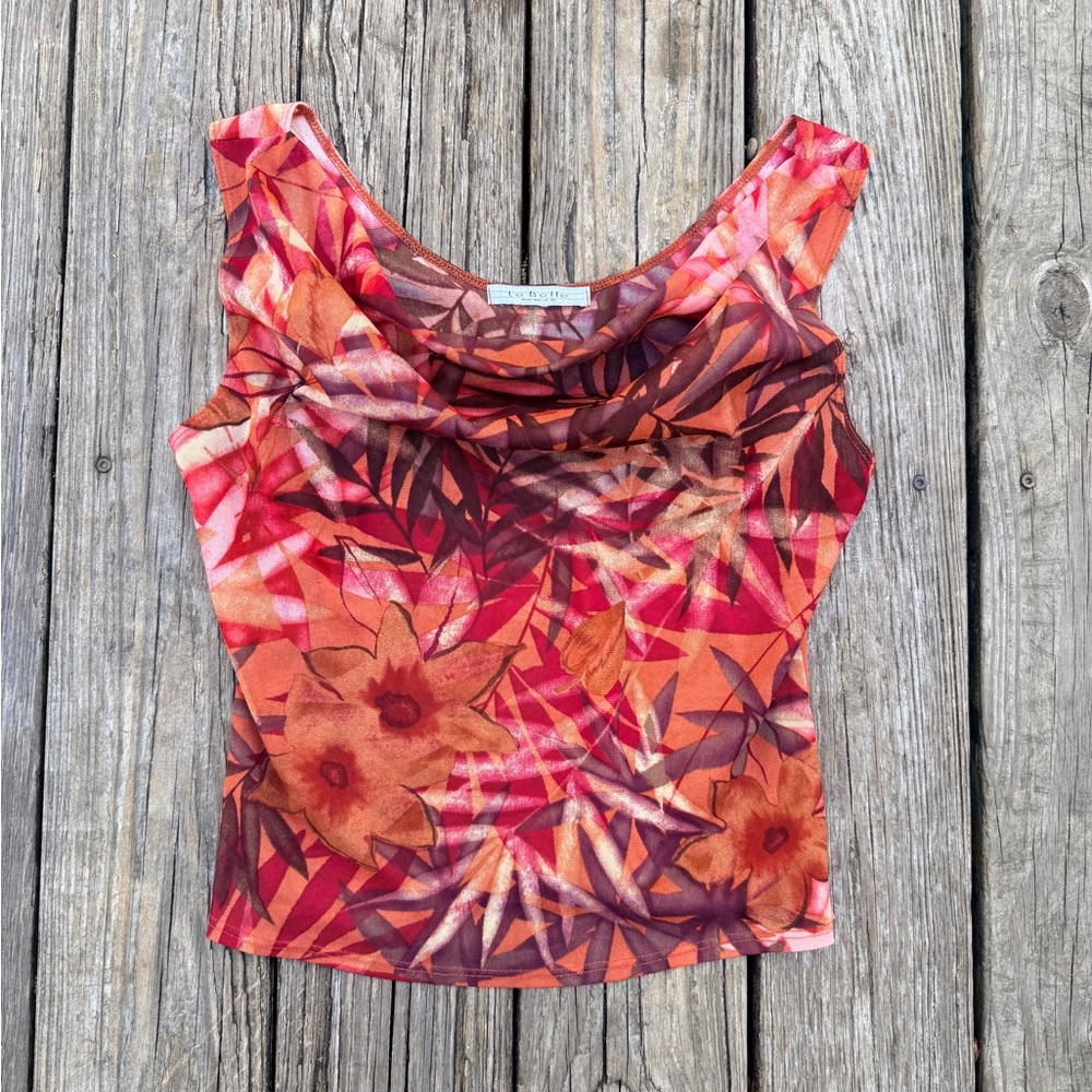 90s 2000s La Belle Floral Mesh Cowl Neck Top